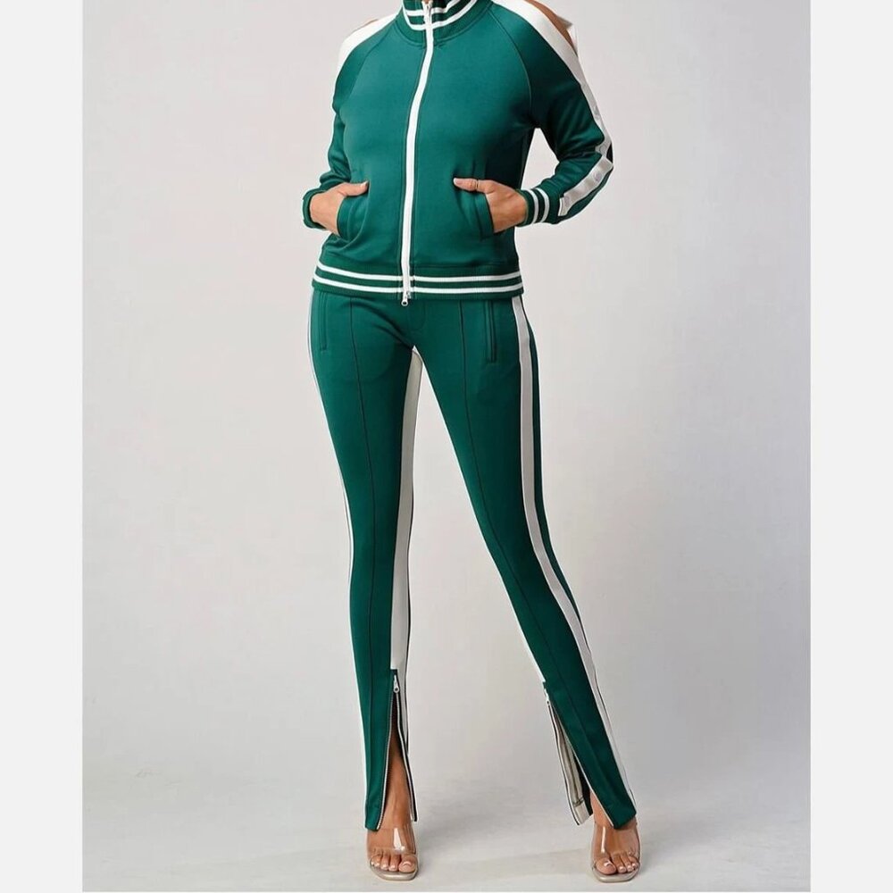 Women's Green White Track Suit 28-32 x 30 / 40 Bust Zip Pockets Cold Shoulder M
